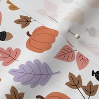 Fall forest leaves and pumpkin fruit acorns and branches lilac purple peach on white 