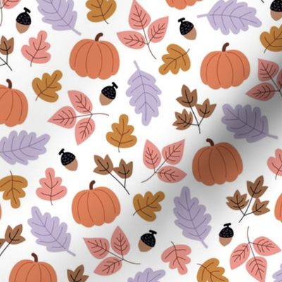 Fall forest leaves and pumpkin fruit acorns and branches lilac purple peach on white 