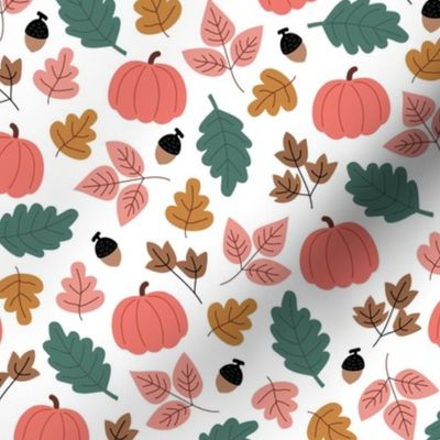 Fall forest leaves and pumpkin fruit acorns and branches pink green cinnamon on white 