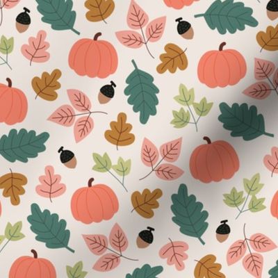 Fall forest leaves and pumpkin fruit acorns and branches green pink peach on cream 