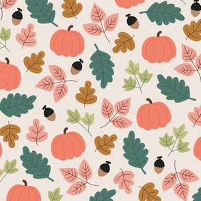 Fall forest leaves and pumpkin fruit acorns and branches green pink peach on cream 