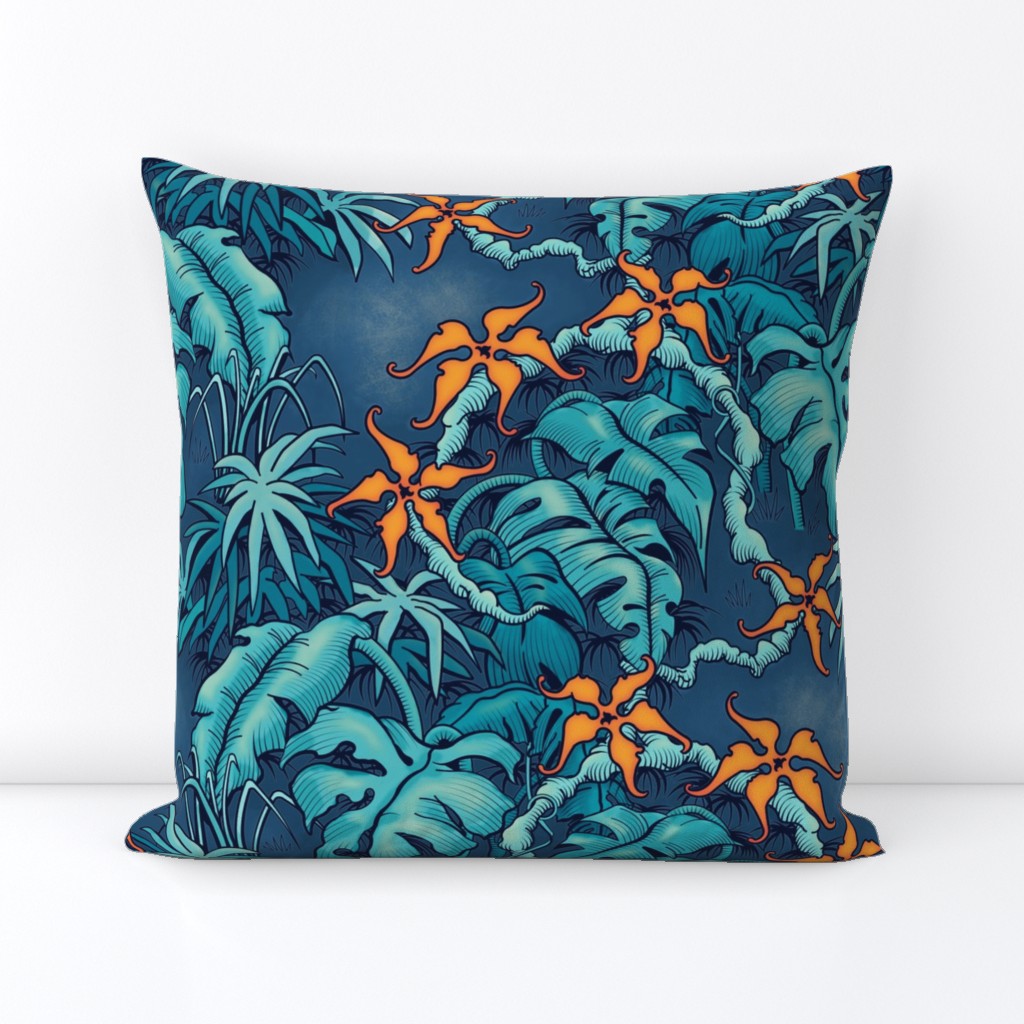 ★ MOODY JUNGLE ★ Monstera, Banana Leaves, Tropical flowers / Blue + Orange - Large Scale / Collection : Welcome to the Jungle – Wild Tropical Prints