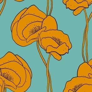 Bold Mustard Peonies Cyan (Large Scale)