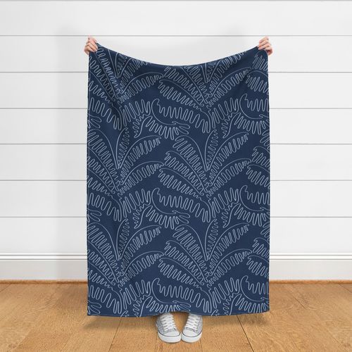 Palm Leaves on Navy Blue - Line Art Plants / Large