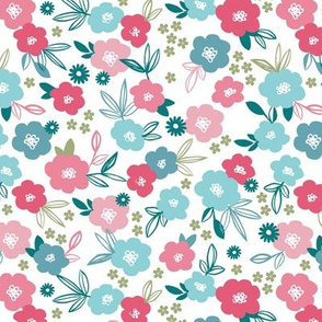 Sweet blossom garden romantic english liberty print white flowers nursery blue pink on white summer 