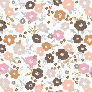 Sweet blossom garden romantic english liberty print white flowers nursery pink beige brown seventies neutrals on white summer 