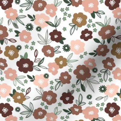 Sweet blossom garden romantic english liberty print white flowers nursery peach blush beige brown seventies neutrals on white summer