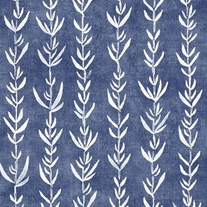 Bamboo Block Print, Fresh White on Midnight Blue | Bamboo fabric, block printed leaf pattern, navy blue, deep blue, botanical decor, plant fabric, dark blue fabric.