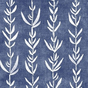 Bamboo Block Print, Fresh White on Midnight Blue (large scale) | Bamboo fabric, block printed leaf pattern, navy blue, deep blue, botanical decor, plant fabric, dark blue fabric.