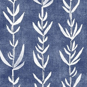 Bamboo Block Print, Fresh White on Midnight Blue (xl scale) | Bamboo fabric, block printed leaf pattern, navy blue, deep blue, botanical decor, plant fabric, dark blue fabric.