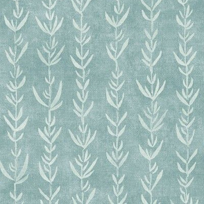 Bamboo Block Print, Palladian Blue on Sage Green || Bamboo fabric, block printed leaf pattern, coastal decor, natural plant fabric, botanical fabric, neutral teal.