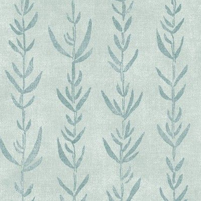 Bamboo Block Print, Sage Green on Palladian Blue (large scale) | Bamboo fabric, block printed leaf pattern, neutral decor, natural plant fabric, botanical fabric, teal gray.