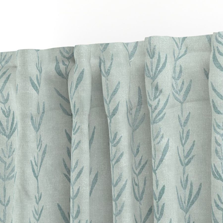 Bamboo Block Print, Sage Green on Palladian Blue (xl scale) | Bamboo fabric, block printed leaf pattern, neutral decor, natural plant fabric, botanical fabric, teal gray.