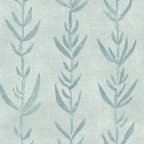 Bamboo Block Print, Sage Green on Palladian Blue (xl scale) | Bamboo fabric, block printed leaf pattern, neutral decor, natural plant fabric, botanical fabric, teal gray.