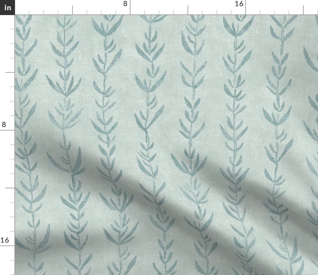 Bamboo Block Print, Sage Green on Palladian Blue (xl scale) | Bamboo fabric, block printed leaf pattern, neutral decor, natural plant fabric, botanical fabric, teal gray.