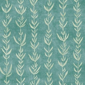 Bamboo Block Print, Sea Green on Teal | Bamboo fabric, block printed leaf pattern, sea kelp, natural plant fabric, neutral mint, neutral lime, calm green decor.