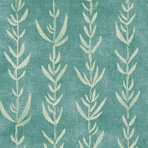 Bamboo Block Print, Sea Green on Teal (large scale) | Bamboo fabric, block printed leaf pattern, sea kelp, natural plant fabric, neutral mint, neutral lime, calm green decor.