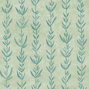 Bamboo Block Print, Teal on Sea Green | Bamboo fabric, block printed leaf pattern, natural decor, plant fabric, sea kelp, neutral greens, calm greens.