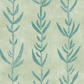 Bamboo Block Print, Teal on Sea Green (xl scale) | Bamboo fabric, block printed leaf pattern, natural decor, plant fabric, sea kelp, neutral greens, calm greens.