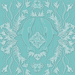 Dolphin Damask-Large Scale - Green-Aqua and White 