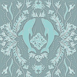 Dolphin Damask-Large Scale- Lt. Aqua on Gray-Aqua Background 