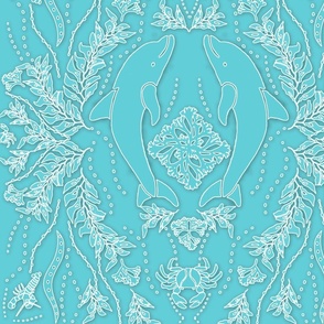 Dolphin Damask-Large Scale-Blue-Aqua and White 