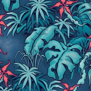 ★ MOODY JUNGLE ★ Monstera, Banana Leaves, Tropical flowers / Blue + Coral Pink - Small Scale / Collection : Welcome to the Jungle – Wild Tropical Prints