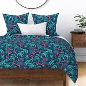 ★ MOODY JUNGLE ★ Monstera, Banana Leaves, Tropical flowers / Blue + Coral Pink - Large Scale / Collection : Welcome to the Jungle – Wild Tropical Prints