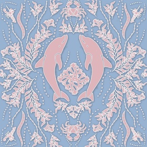 Dolphin Damask-LARGE- Pink - White on Cerulean Blue