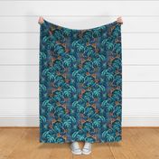 ★ SPOOKY JUNGLE ★ Spiders and Spiderwebs + Monstera, Banana Leaves and Tropical flowers / Blue + Orange - Large Scale / Collection : Welcome to the Jungle – Wild Tropical Prints