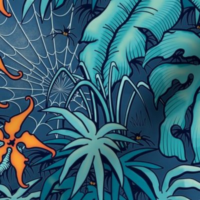 ★ SPOOKY JUNGLE ★ Spiders and Spiderwebs + Monstera, Banana Leaves and Tropical flowers / Blue + Orange - Large Scale / Collection : Welcome to the Jungle – Wild Tropical Prints