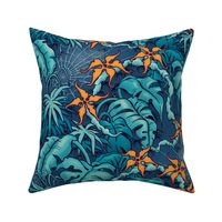 ★ SPOOKY JUNGLE ★ Spiders and Spiderwebs + Monstera, Banana Leaves and Tropical flowers / Blue + Orange - Large Scale / Collection : Welcome to the Jungle – Wild Tropical Prints