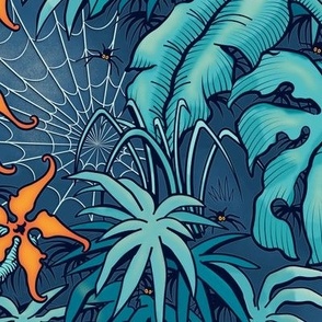 ★ SPOOKY JUNGLE ★ Spiders and Spiderwebs + Monstera, Banana Leaves and Tropical flowers / Blue + Orange - Large Scale / Collection : Welcome to the Jungle – Wild Tropical Prints