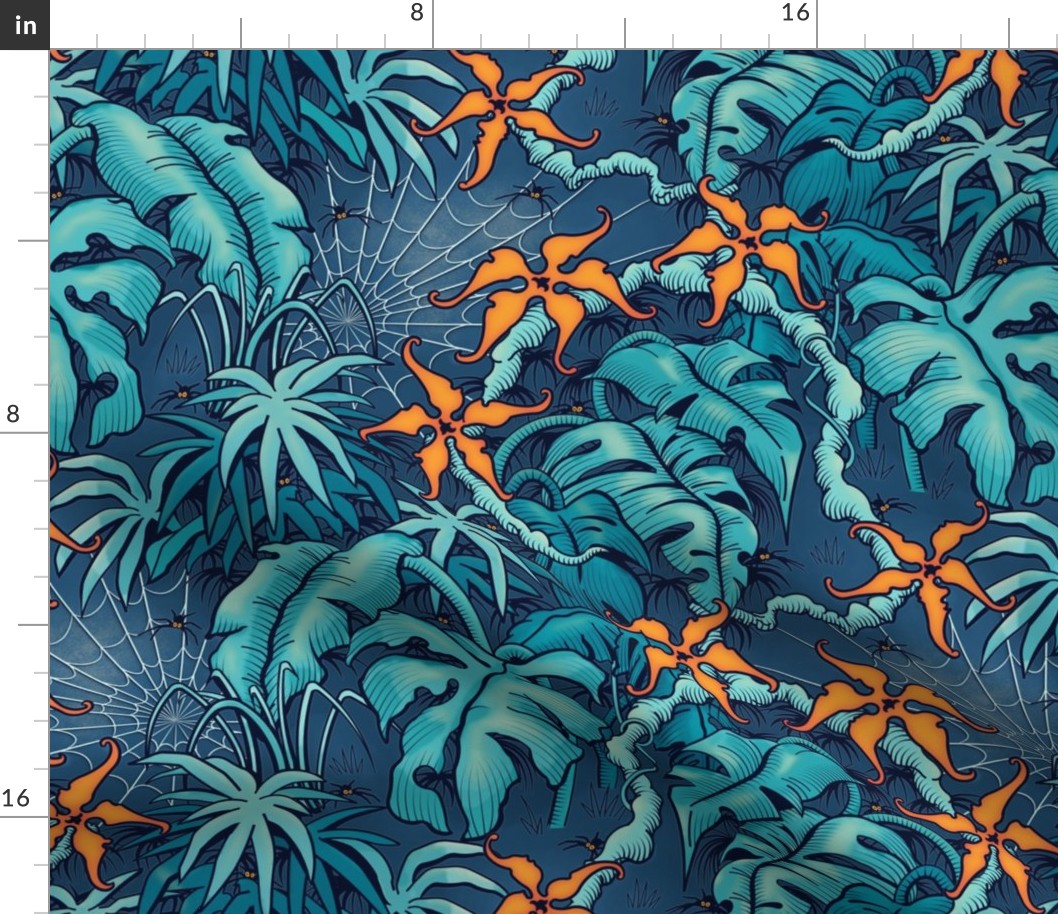 ★ SPOOKY JUNGLE ★ Spiders and Spiderwebs + Monstera, Banana Leaves and Tropical flowers / Blue + Orange - Large Scale / Collection : Welcome to the Jungle – Wild Tropical Prints