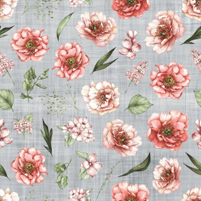 large pink floral grey linen