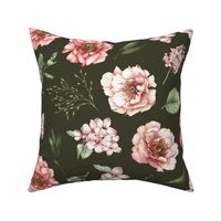 large pink floral dark green