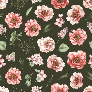 large pink floral dark green