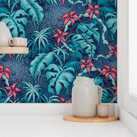 ★ SPOOKY JUNGLE ★ Spiders and Spiderwebs + Monstera, Banana Leaves and Tropical flowers / Blue + Coral Pink - Large Scale / Collection : Welcome to the Jungle – Wild Tropical Prints