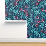 ★ SPOOKY JUNGLE ★ Spiders and Spiderwebs + Monstera, Banana Leaves and Tropical flowers / Blue + Coral Pink - Large Scale / Collection : Welcome to the Jungle – Wild Tropical Prints