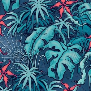 ★ SPOOKY JUNGLE ★ Spiders and Spiderwebs + Monstera, Banana Leaves and Tropical flowers / Blue + Coral Pink - Small Scale / Collection : Welcome to the Jungle – Wild Tropical Prints