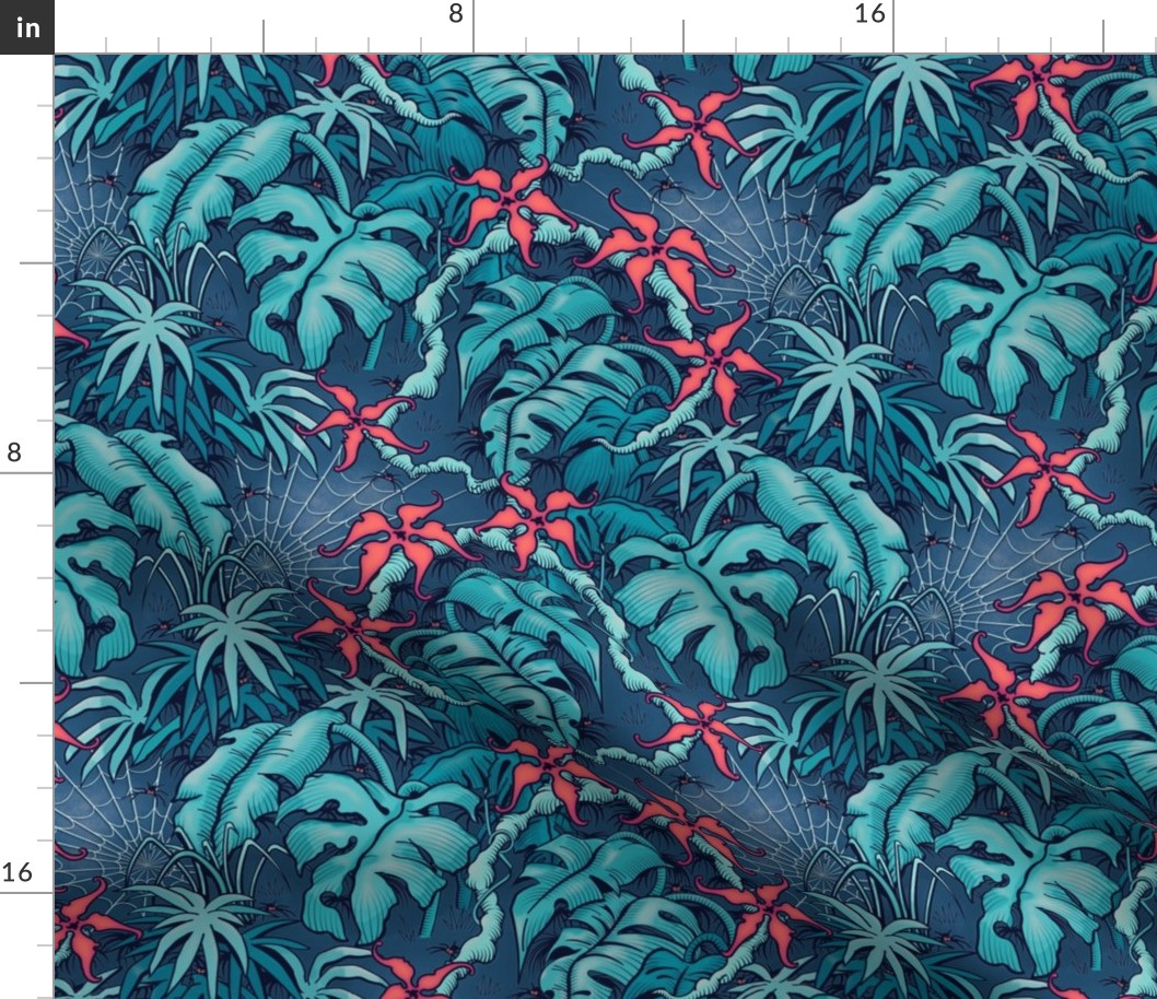★ SPOOKY JUNGLE ★ Spiders and Spiderwebs + Monstera, Banana Leaves and Tropical flowers / Blue + Coral Pink - Small Scale / Collection : Welcome to the Jungle – Wild Tropical Prints