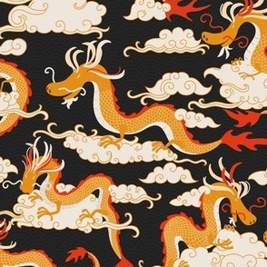 chinese dragons in the sky - grey and orange