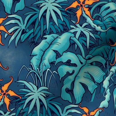 ★ MOODY JUNGLE ★ Monstera, Banana Leaves, Tropical flowers / Blue + Orange - Small Scale / Collection : Welcome to the Jungle – Wild Tropical Prints