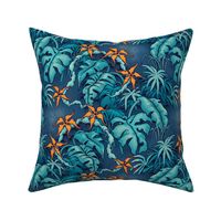 ★ MOODY JUNGLE ★ Monstera, Banana Leaves, Tropical flowers / Blue + Orange - Small Scale / Collection : Welcome to the Jungle – Wild Tropical Prints