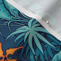 ★ MOODY JUNGLE ★ Monstera, Banana Leaves, Tropical flowers / Blue + Orange - Small Scale / Collection : Welcome to the Jungle – Wild Tropical Prints