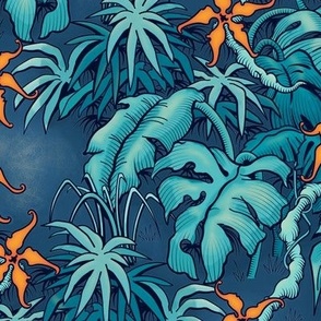 ★ MOODY JUNGLE ★ Monstera, Banana Leaves, Tropical flowers / Blue + Orange - Small Scale / Collection : Welcome to the Jungle – Wild Tropical Prints