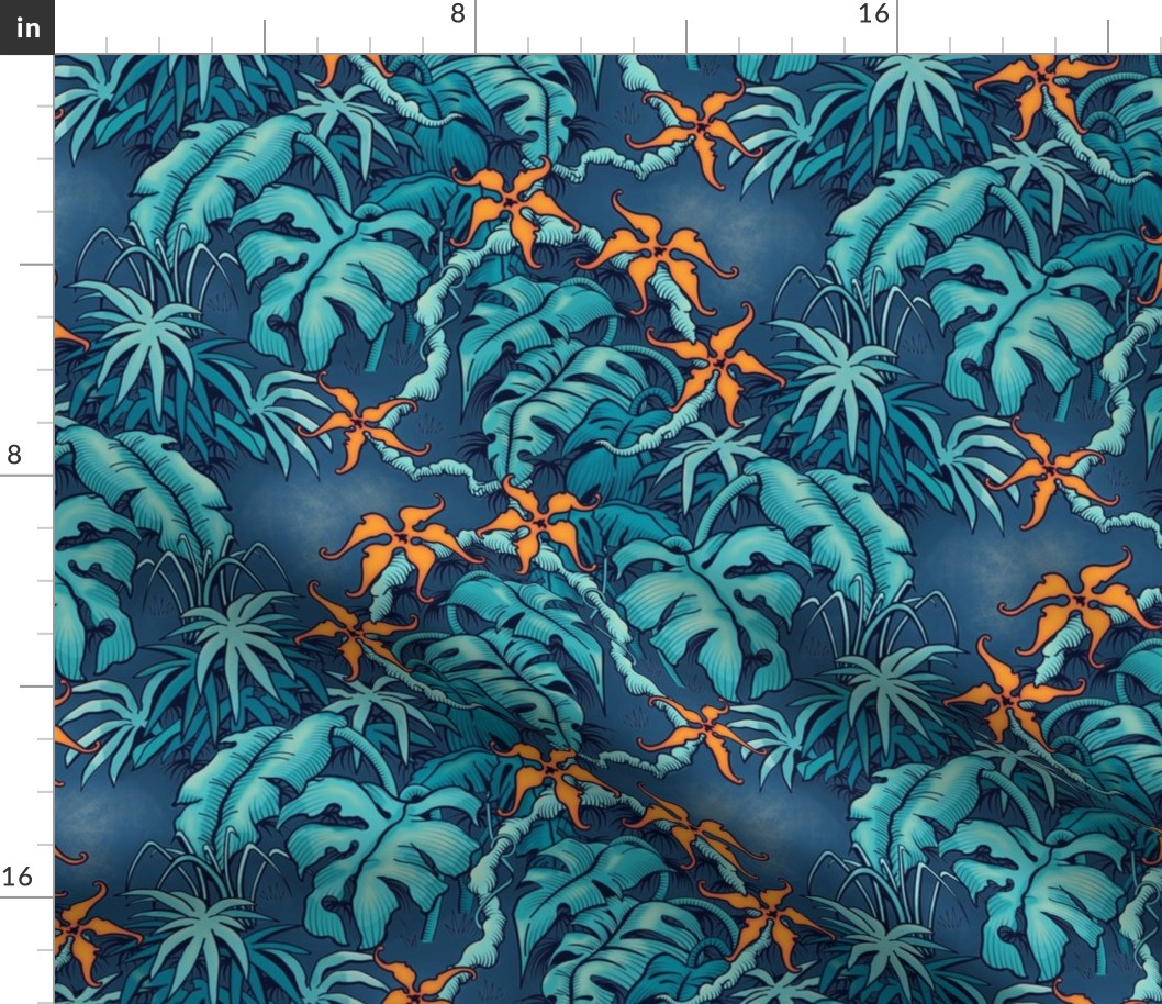 ★ MOODY JUNGLE ★ Monstera, Banana Leaves, Tropical flowers / Blue + Orange - Small Scale / Collection : Welcome to the Jungle – Wild Tropical Prints