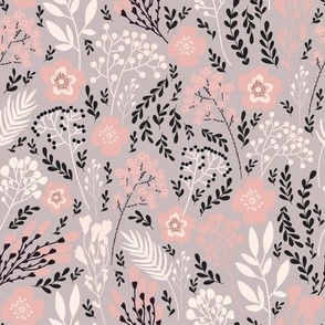 Flowers and leaves (gray-cream-black)