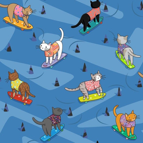 Skateboarding cats on the streets of Catsville in blue