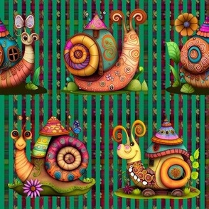 4" COLORFUL FUNKY SNAILS HOUSES ON STRIPES GREEN FLORAL FLWRHT